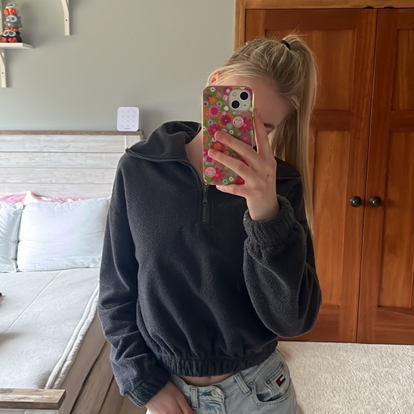 Urban Outfitters Tops - Urban Outfitters Cropped Dark Gray Fuzzy Quarter Zip